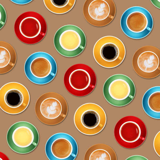istock Pattern of different coffee and tea cups on beige 1276681130