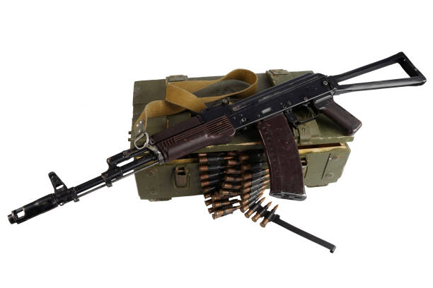 istock Soviet army ammunition box with ak-47 rifle and ammunition belt. Text in russian - type of ammunition (RGD 5 UZRGM - hand grenade), lot number and production date, number of pieces and weight 1276683119