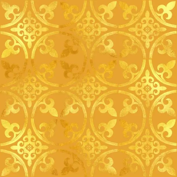 Vector illustration of Gold Foil Hand Painted Metallic Tile. Seamless Arabic Style Pattern. Vector Tile Pattern, Lisbon Arabic Floral Mosaic, Mediterranean Seamless Gold Colored Ornament.