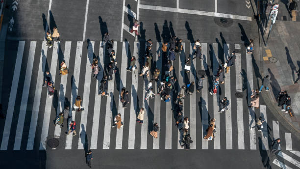 istock Elevated view over crowd pedestrian crossing in road intersection at day 1276686119