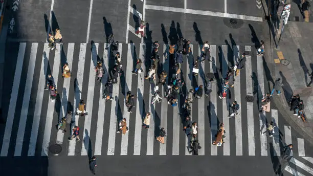 Photo of Elevated view over crowd pedestrian crossing in road intersection at day