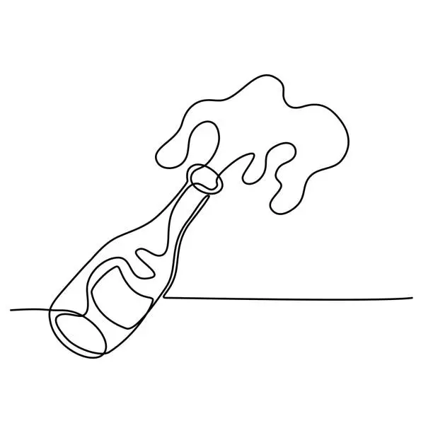 Vector illustration of Continuous line drawing. Champagne bottle.