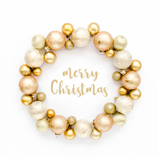 istock Holiday round frame, pattern made and gold glass Christmas balls isolated on a white background. Merry Christmas. The apartment lay, top view 1276687171