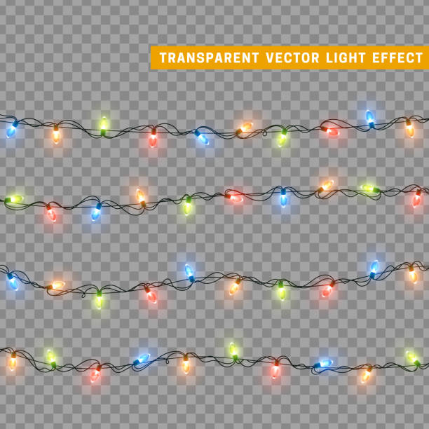 ilustraciones, imágenes clip art, dibujos animados e iconos de stock de luces de navidad en color multicolor. decoraciones elemento de diseño luces brillantes de navidad. objetos realistas de navidad decorativos. decoración navideña conjunto de guirnaldas. ilustración vectorial - christmas lights