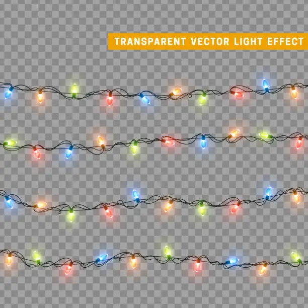 Vector illustration of Christmas lights in multi-colored color. Decorations design element Christmas glowing lights. Decorative Xmas realistic objects. Holiday decor set of garlands. vector illustration