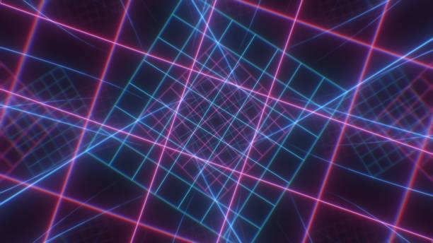 Retro Neon Grid Twist Tunnel of 80s Hot Pink Blue Glow Laser Lights - Abstract Background Texture This abstract texture background graphic is high definition and a great quality pattern that can be used for various purposes. vj loop stock pictures, royalty-free photos & images