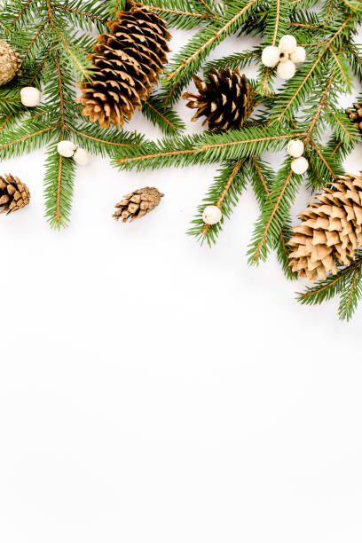 istock Christmas composition with fir branches, pine cones on white background. Flat lay, top view 1276691421