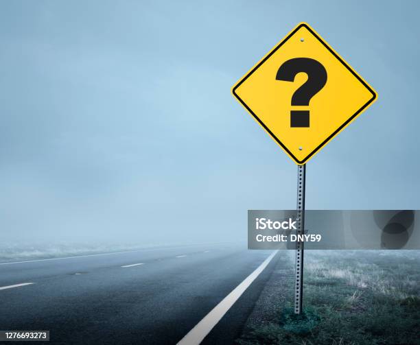 Road In The Mist Stock Photo - Download Image Now - Uncertainty, Question Mark, Road Sign