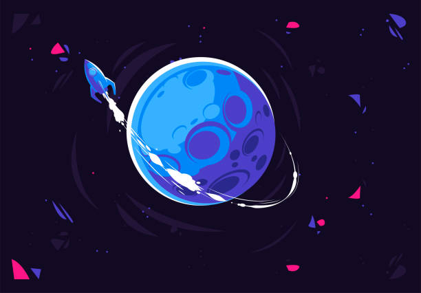 Vector illustration of a flying rocket orbiting a planet, leaving a white trail behind it, space theme Vector illustration of a flying rocket orbiting a planet, leaving a white trail behind it, space theme galaxy illustrations stock illustrations