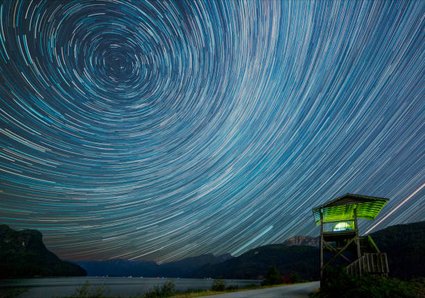 Lookout tower with startrails, Pitt Lake, Pitt Meadows, BC, Canada