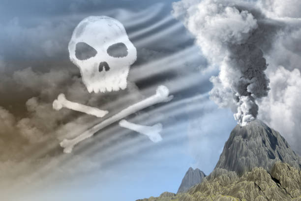 istock high volcano blast eruption at day time with white smoke on Pirate flag background, problems of eruption and volcanic earthquake concept - 3D illustration of nature 1276699514