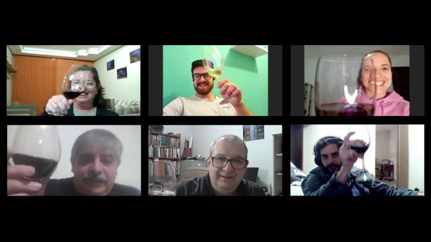 istock Computer screen layout with friends in a Happy Hour together drinking wine and talking on a conference call 1276700440