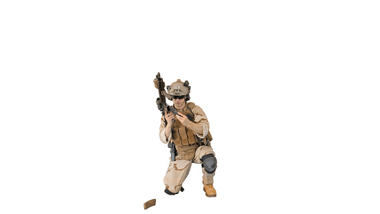 Wide shot. Front view. Soldier shooting with assault rifle and reloading on white background. Professional shot in 4K resolution. 048. You can use it e.g. in your medical, commercial video, business, presentation, broadcast