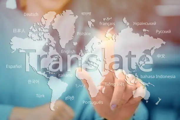 Concept of translation from different languages on an abstract world map.