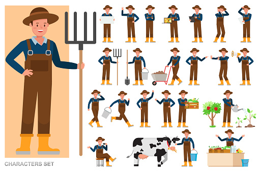 Set of Farmer character vector design. Presentation in various action with emotions, running, standing and walking.