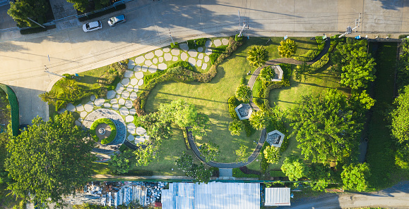 Garden and landscaping in aerial view.