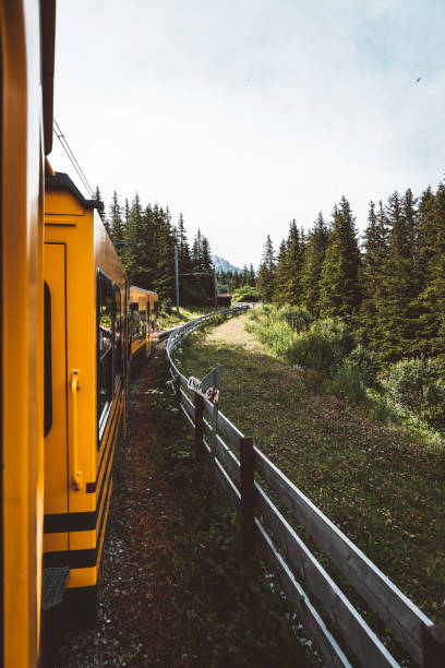 gelber schweizer bergzug - jungfrau train winter wengen stock-fotos und bilder