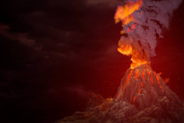 istock big volcano blast eruption with huge smoke pillar and fire on night sky, problems of eruption and volcanic earthquake concept - 3D illustration of nature 1276710526