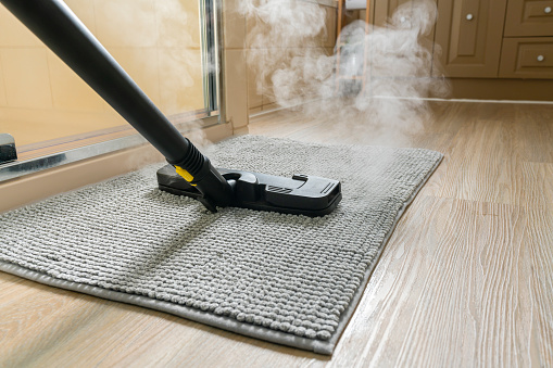 Sanitizing bathroom mat using a steam cleaner