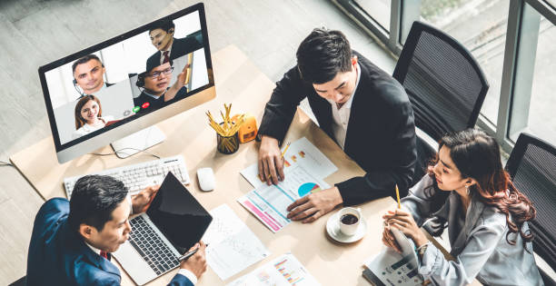 istock Video call group business people meeting on virtual workplace or remote office 1276711081