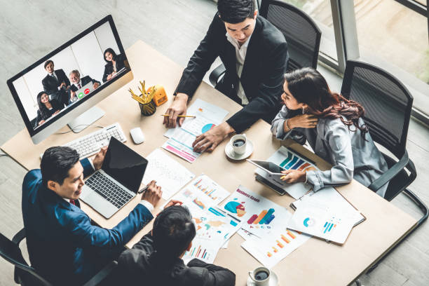 istock Video call group business people meeting on virtual workplace or remote office 1276722620
