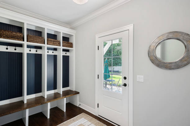 istock Mud room with four blue painted lockers 1276724611