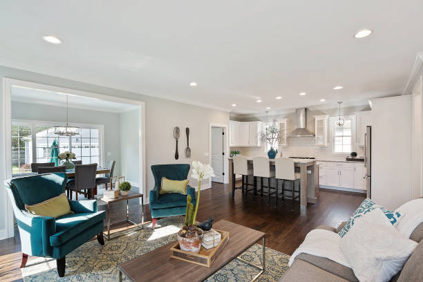 istock Open concept layout of family room and kitchen 1276724616