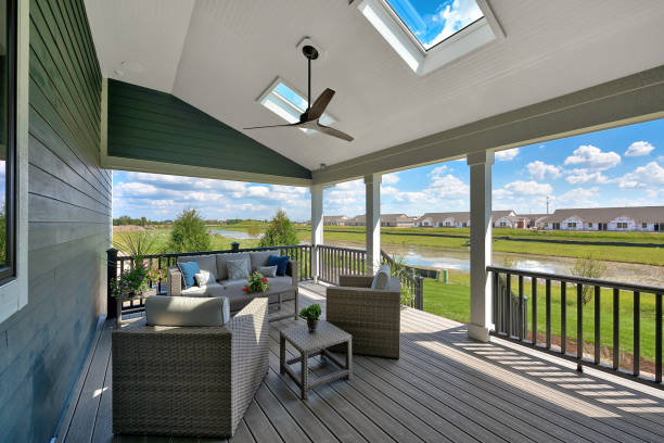 Large covered deck with skylights stock photo