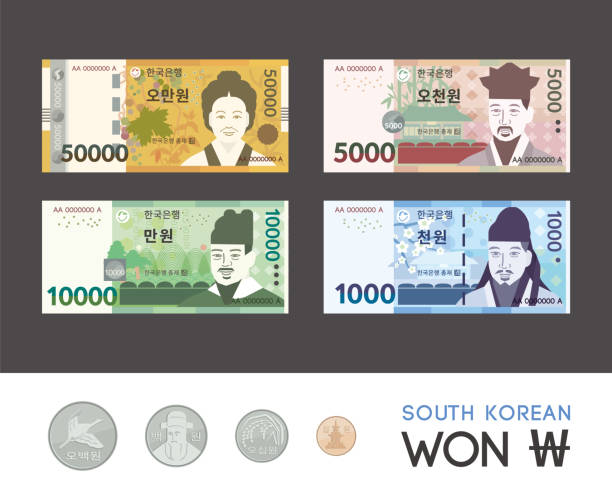 ilustraciones, imágenes clip art, dibujos animados e iconos de stock de facturas surcoreanas (krw) ilustración de un billete coreano simplificado y colección de monedas. - korean currency