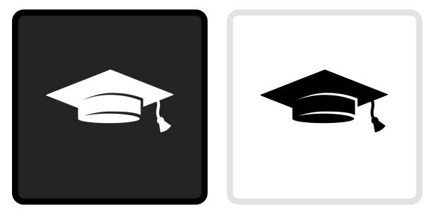 ilustrații de stoc cu absolvire hat icon pe buton negru cu rollover alb - tocă de absolvire