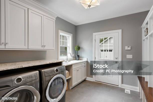 Perfect Laundry Room And Mud Room Combination Stock Photo - Download Image Now - Utility Room, Washing Machine, Laundry