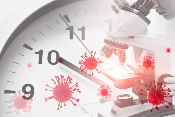 Scientists looking at microscope overlay with time clock and virus for Coronavirus(Covid-19) vaccine research concept.