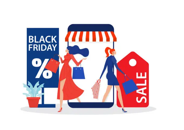 Vector illustration of black friday shop,woman shop online stor, promo purchase marketing illustration