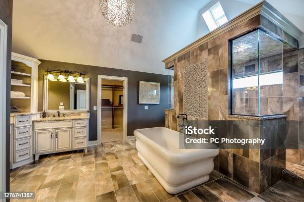 Gorgeous Walkthrough Shower Stock Photo - Download Image Now - Bathroom, Light Fixture, Vanity
