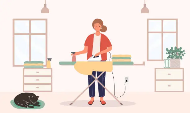 Vector illustration of Young woman Ironing clothes