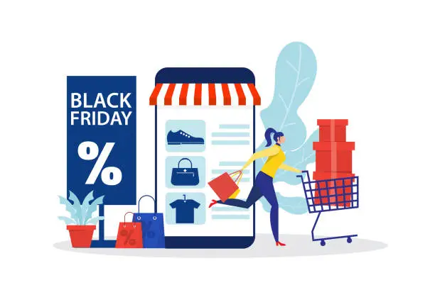 Vector illustration of black friday shop,woman shop online stor, promo purchase marketing illustration