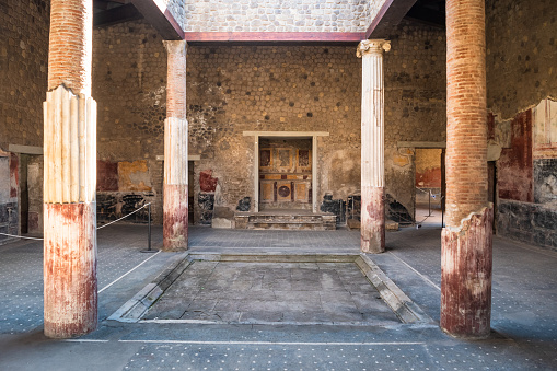 Atrium of Ancient Roman Villa San Marco in Stabiae with Impluvium and Ionic Columns