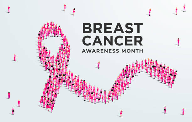 plakat koncepcyjny miesiąca świadomości raka piersi. duża grupa osób tworzy różową wstążkę. ilustracja wektorowa. - breast cancer cancer breast cancer awareness ribbon pink stock illustrations