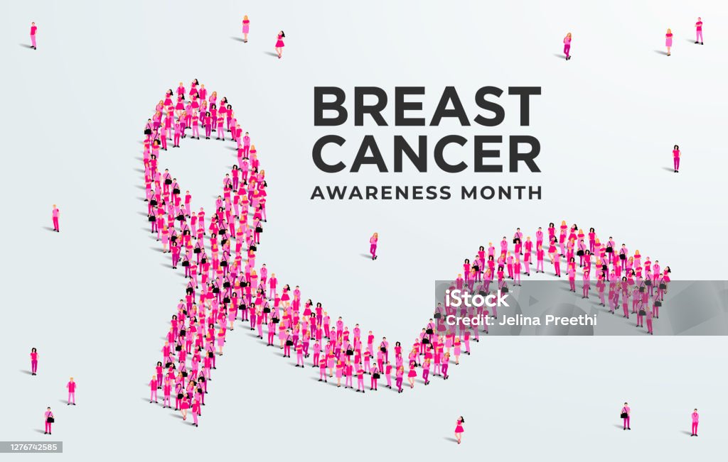 Breast cancer awareness month concept poster. Large group of people form to create a pink ribbon. Vector illustration. Breast Cancer stock vector