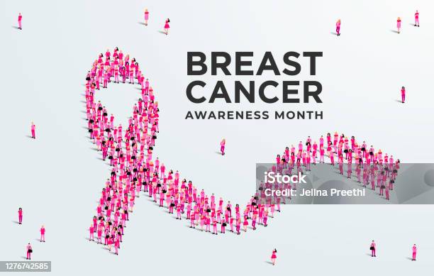Breast Cancer Awareness Month Concept Poster Large Group Of People Form To Create A Pink Ribbon Vector Illustration Stock Illustration - Download Image Now