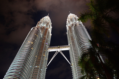 New year`s eve in Kuala lumpur: The famous Petronas towers from the bottom to the top, surround by palm trees.
