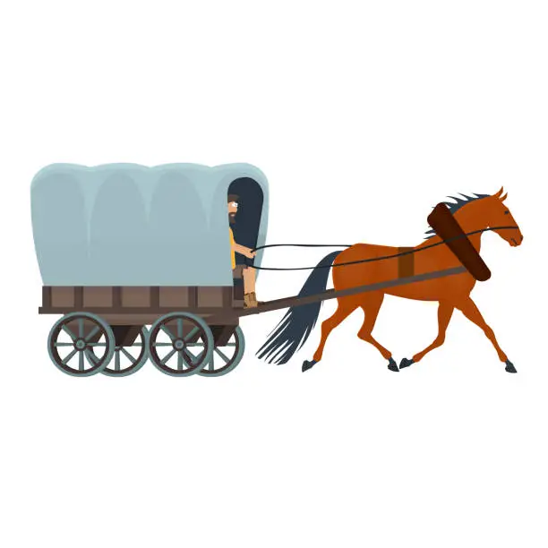 Vector illustration of Horse cart. Coachman driving a horse