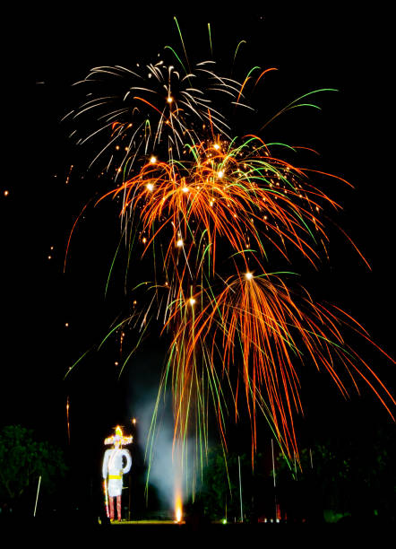 Image showing firework before burning of statue of Ravana. It is  a ritual of burning effigies of demon king Ravana which represents the victory of good over evil.