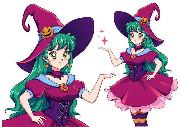 Vector illustration of Pretty young witch. Announce Halloween Party. Hand drawn retro anime girl