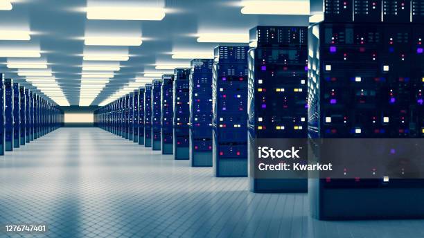 Server Room Data Center Backup Mining Hosting Mainframe Farm And Computer Rack With Storage Information 3d Render Stock Photo - Download Image Now