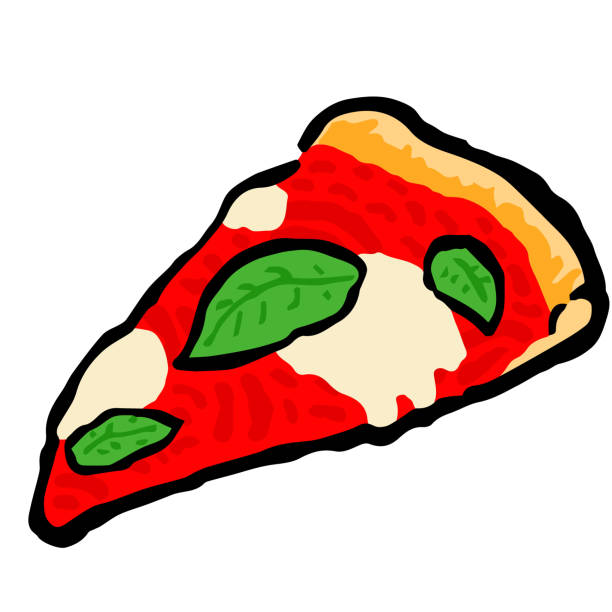 illustrazioni stock, clip art, cartoni animati e icone di tendenza di illustrazione di pizza slice(margherita): illustrazione come stampa a blocchi di legno - pizza margherita