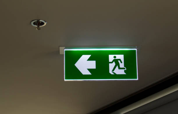 istock The safety green sign symbol for go to the fire exit. 1276748170