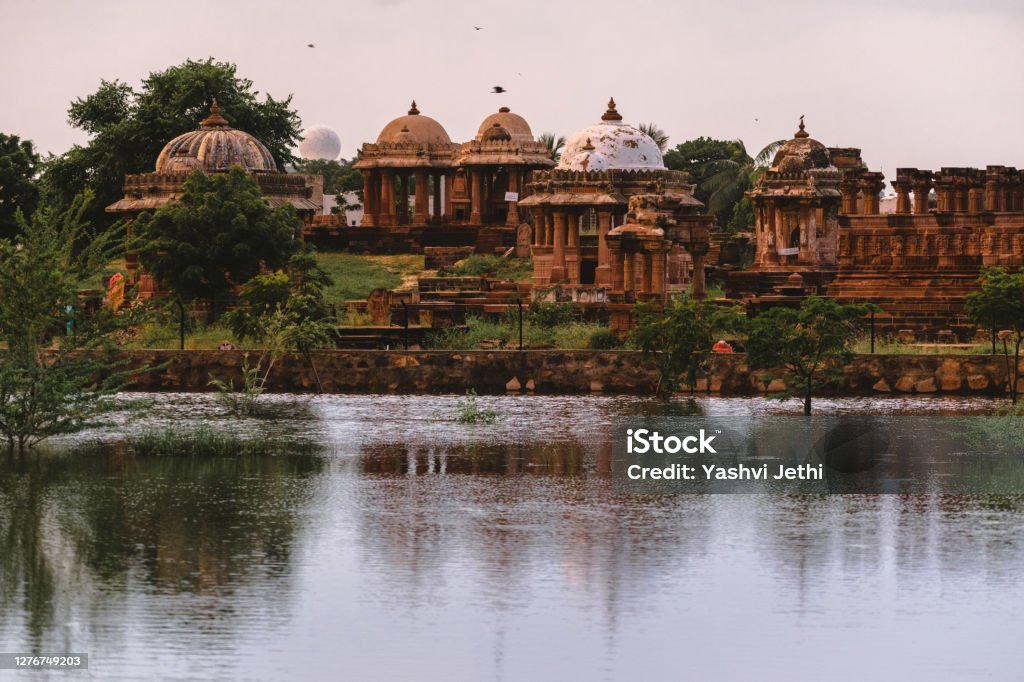 View of the ancient historic place Chattardi with it's reflaction in lake at Bhuj, Gujarat, India. Kutch Stock Photo