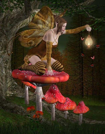 Fairy princesswith her lantern on the top of a huge red mushroom - 3D render