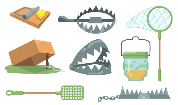 Animal traps set Animal traps set. Mouse trap, metal bear trap, butterfly net isolated on white background. Cartoon vector illustration for hunting, animal catching, cruelty concept trapped stock illustrations